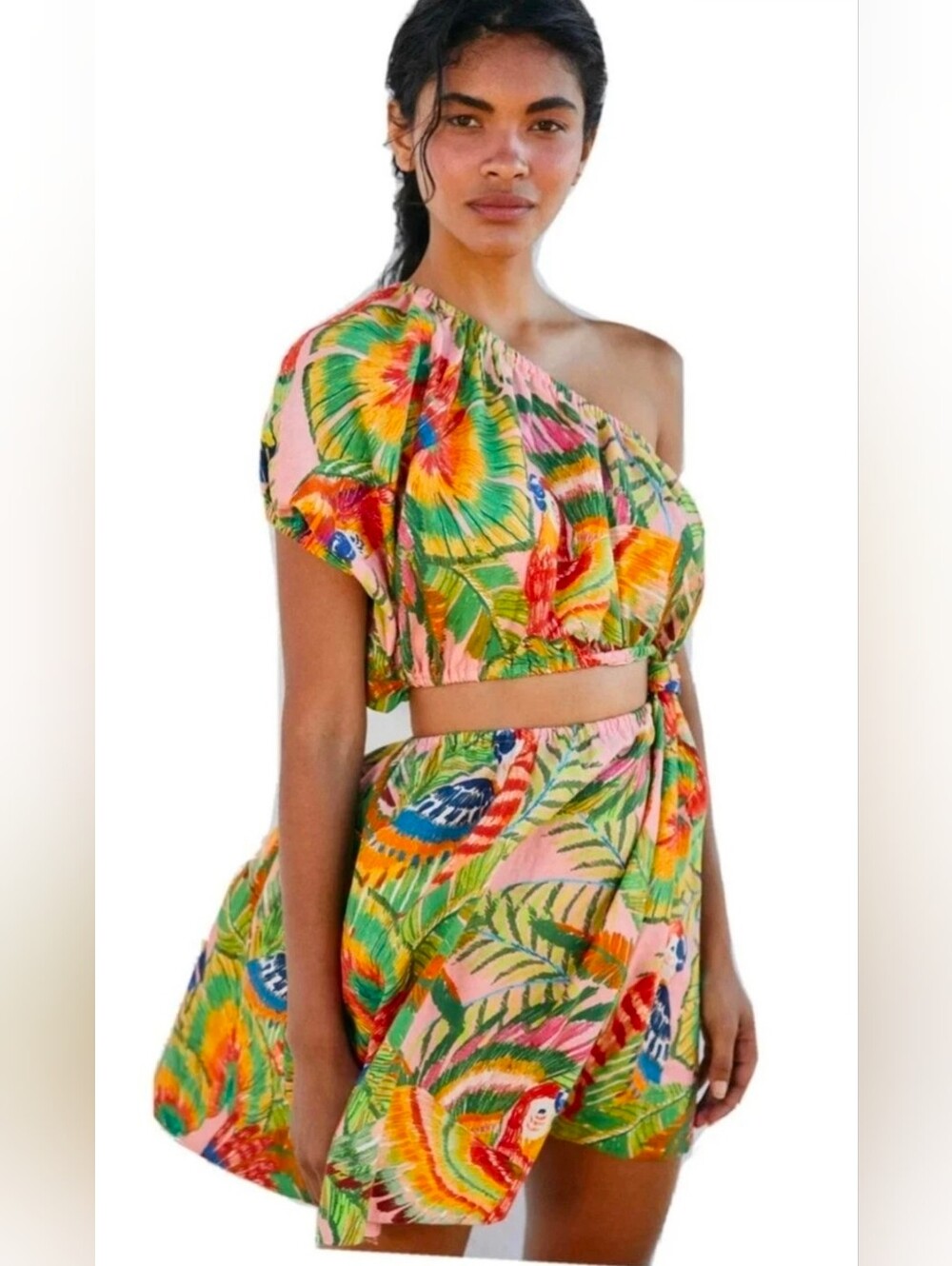 Farm Rio Women Macaw Leaves Mini Dress Basic Sleeved Xs,S